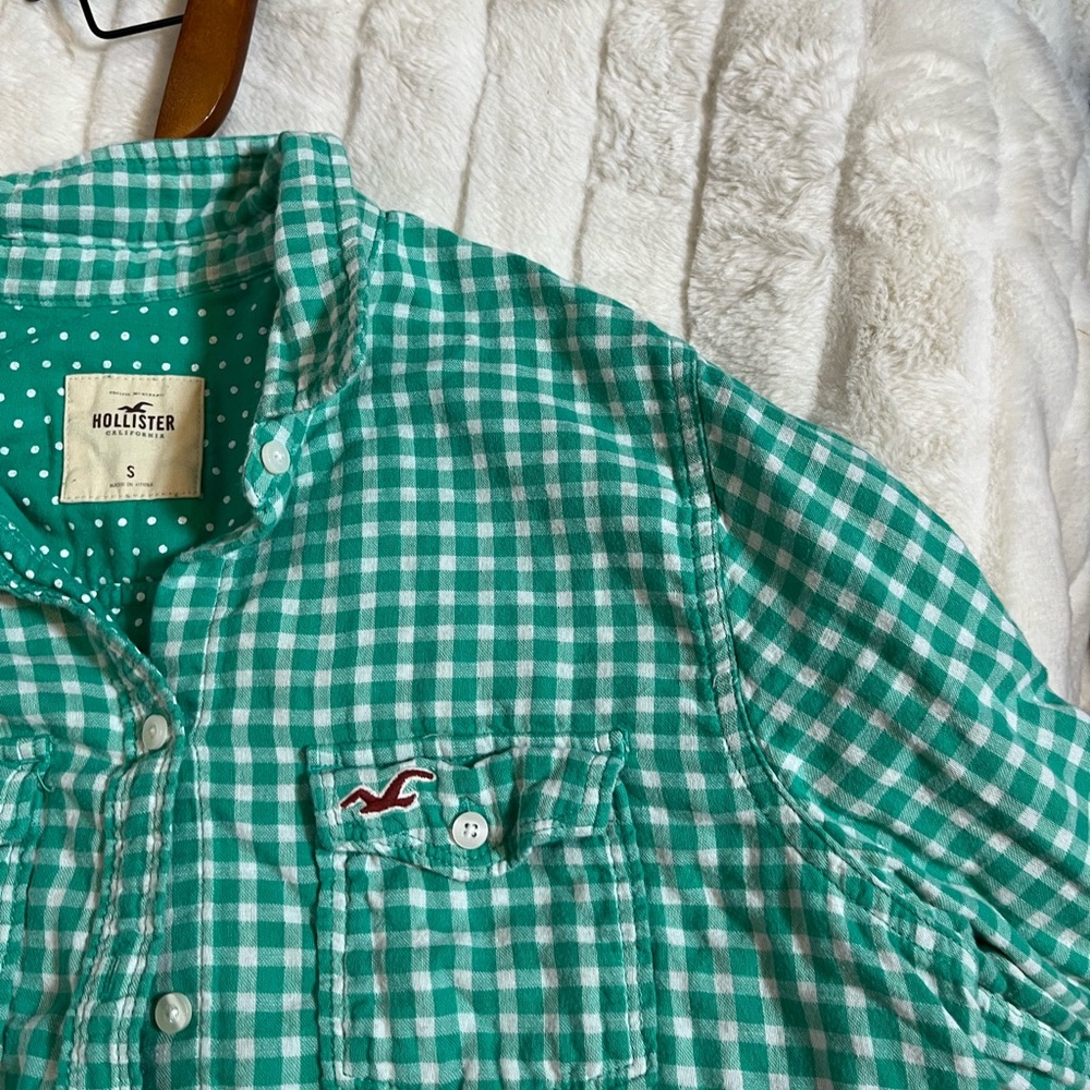 Hollister S Green White Gingham Plaid Button Down Polka Dot Preppy Midwest Shirt